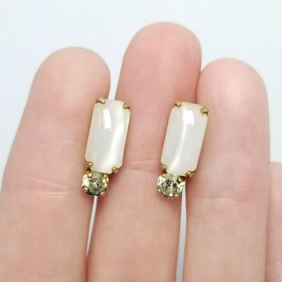 Vintage Sterling Silver Rectangle Rhinestone Clip On Screw Back Earrings, Gold - Picture 7 of 8